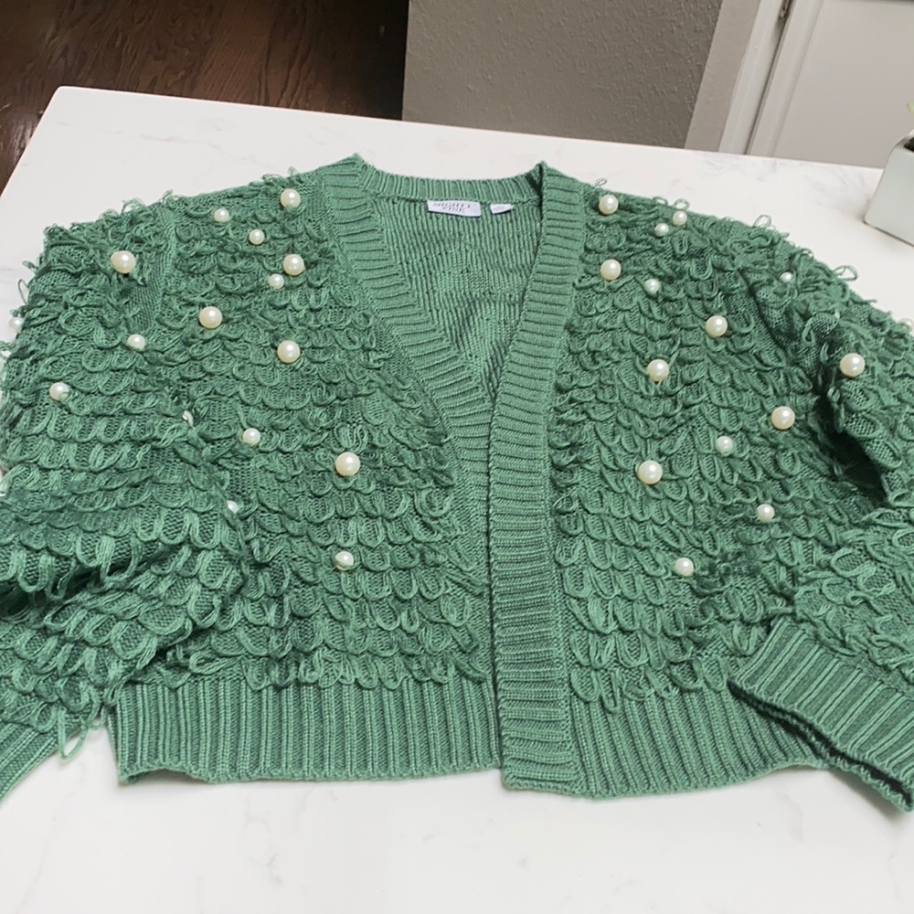 Mighty Fine Green Loop & Pearl Cardigan Sweater